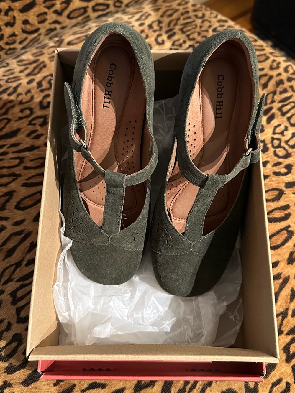 Cobb Hill Olive Green Suede T-Strap Flats